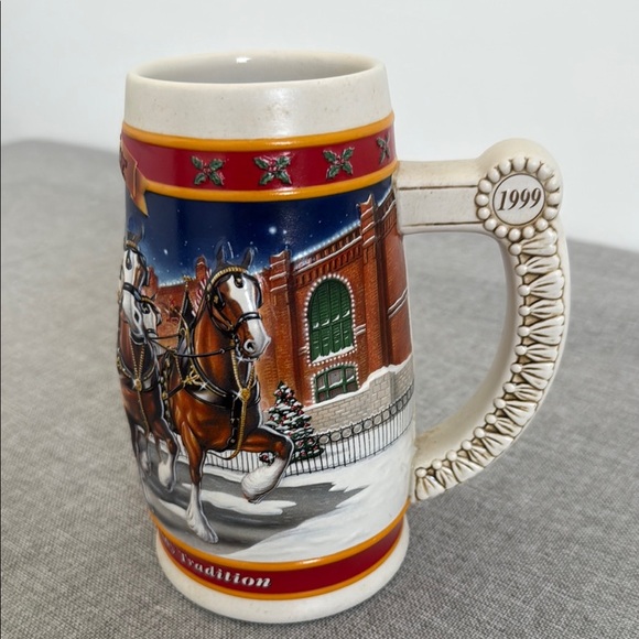 Budweiser Red and Blue Holiday Mug with Ornate Handle - Picture 1 of 6